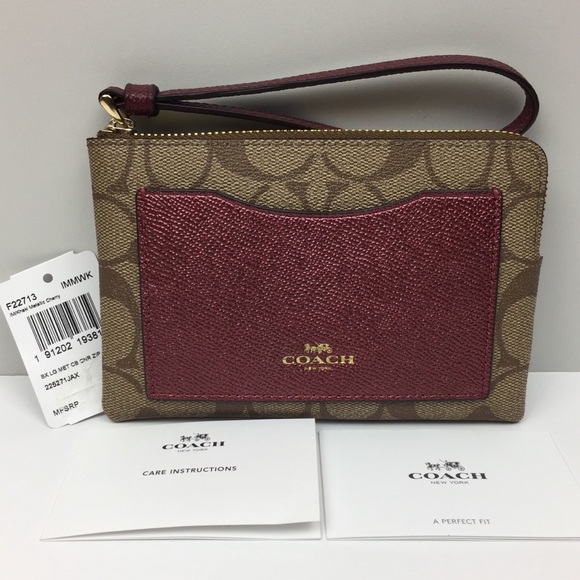 Coach Corner Zip Wristlet Khaki Metallic Cherry - Picture 2 of 5
